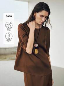 Uhlyne Women's Satin Silk Like Vacation/Office Wear Loose Fit Round Neck Back V-Neck 3/4 Sleeve Top And Mermaid Hem Skirt 2-Piece Set,Coffee Brown,Caramel,Easy Care,Autumn,Minimalist,Work Wear,Teacher Outfits,Back To School,Fall ,Neutral Clothes,Business Casual,Old Money Style Brown Two Piece Set Women Brown Satin Two Piece Set Brown Silk Two Piece Set Maillard Style Casual Outfits Spring - Coffee Brown - View 4