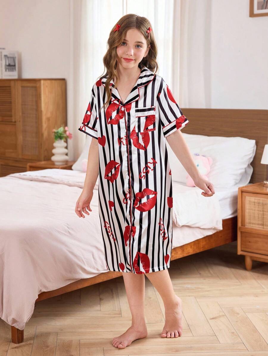 SHEIN 女童仿丝条纹红唇印花衬衫裙 - 彩色 - 查看 1