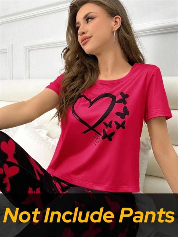 SHEIN 1 pièce Top de pyjama décontracté à manches courtes avec imprimé papillon et cœur pour femme