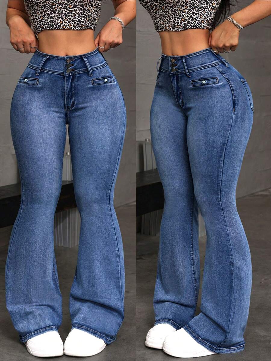 SHEIN Tall Women's Pocket Button Casual Versatile Daily Wear Flared Jeans - Khaki - View 1