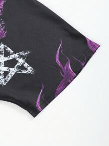 PAVTROS 嘻哈街头服饰 黑色字母印花 T 恤，落肩设计，骷髅图案细节 哥特衬衫 黑色和紫色图案 T 恤 神秘学男式 T 恤 男式黑色和紫色图案 T 恤 紫色街头服饰