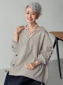 FRIFUL Women's Striped Fabric Oblique Collar Button Cuff Gathered Workmanship Loose Casual Versatile Regular Jacket, Autumn