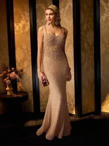 MOTF Soiréza FAUX PEARL BEADED MERMAID HEM EVENING GOWN - Khaki - View 2