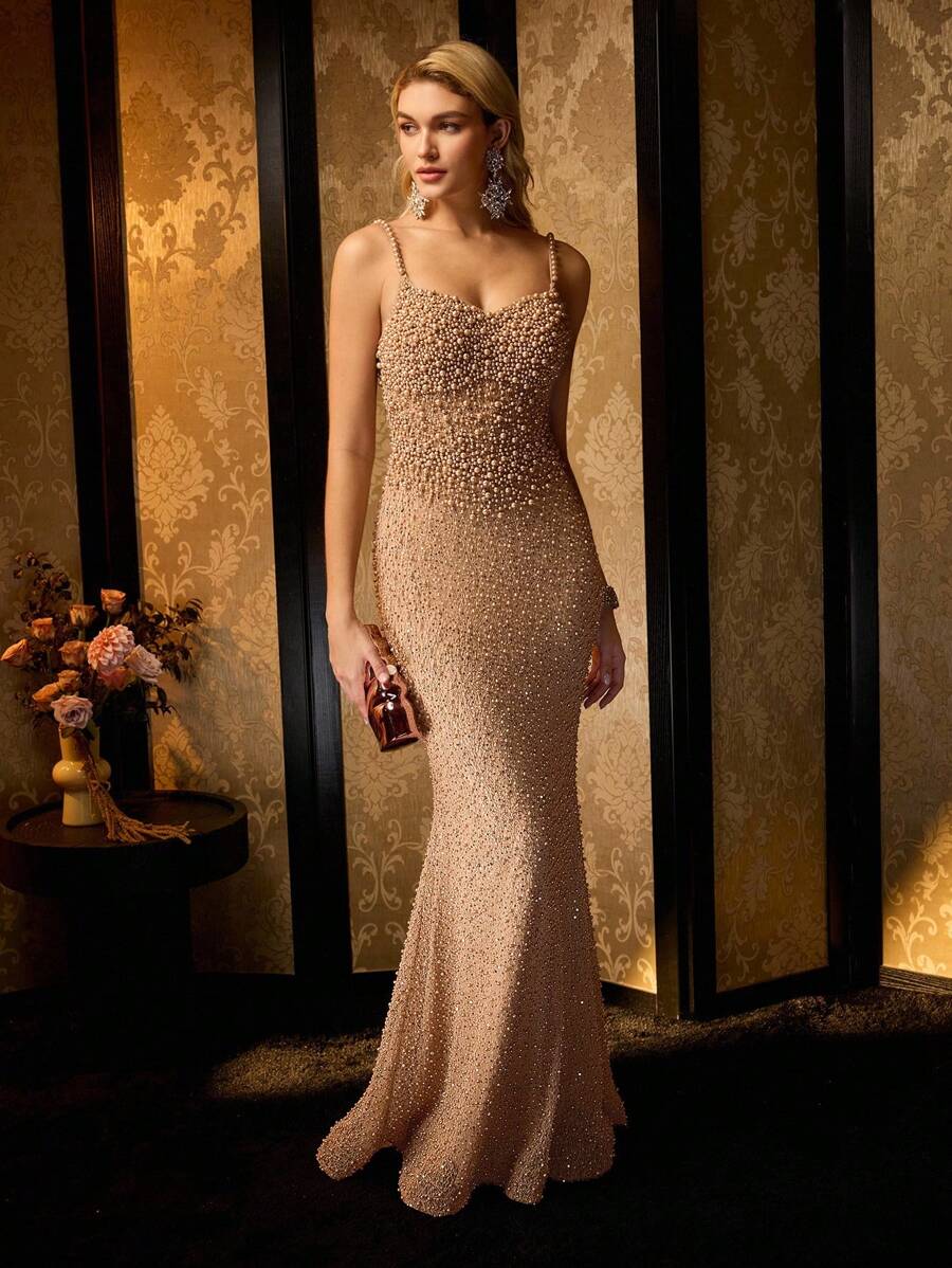 MOTF Soiréza FAUX PEARL BEADED MERMAID HEM EVENING GOWN - Khaki - View 2
