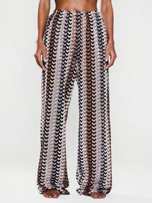 Musera Resort High Rise Tie Waist Patterned Cover Up Trousers Boho Ibiza Cute Sexy Vacation Summer Beach Swimwear Stripe  Spring Holiday - Brown - View 3