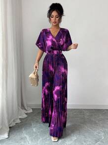 Elenzga Women's Elegant Commuter Floral Print Pleated Jumpsuit - Purple - View 4