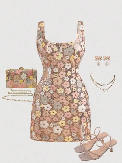 SHEIN MOD Plus Size Pink Sequins Embroidered Romantic Party Mini Dress For Women, ,Dresses For Women Summer,Fall , Sequin Floral Dress. Floral Sequin Dress., ,Elegant Dresses For Party,Birthday Dress For Women,Party,Homecoming Dress