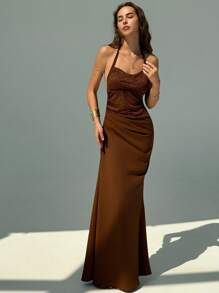 Aloruh Women Seductive Coffee Brown Summer Tropical Cocktail Wedding Guest Dress Lace Splice Halter Open-Back Side Cut-Out Bodycon Ruched Long Dress - Brown - View 2