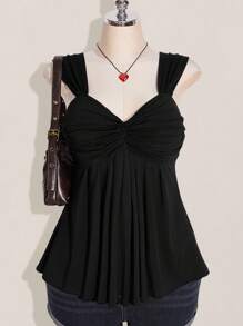 SHEIN ICON 大码女式黑色扭纹前部无袖娃娃裙针织上衣，Y2K 风格，适合毕业、返校、夏季 - 黑色 - 查看 1