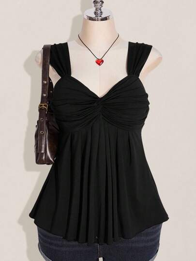 SHEIN ICON 大码女式黑色扭纹前部无袖娃娃裙针织上衣，Y2K 风格，适合毕业、返校、夏季