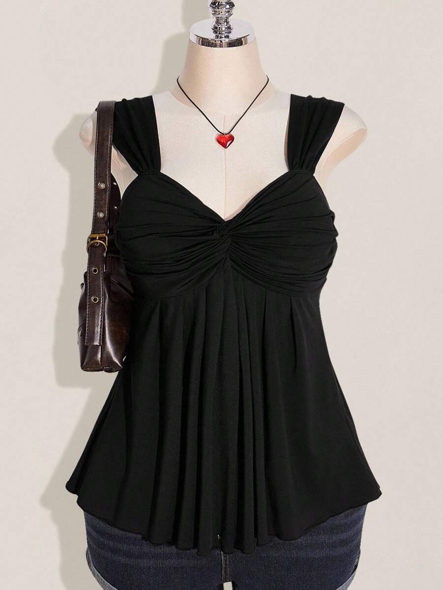 SHEIN ICON 大码女式黑色扭纹前部无袖娃娃裙针织上衣，Y2K 风格，适合毕业、返校、夏季 - 黑色 - 查看 1