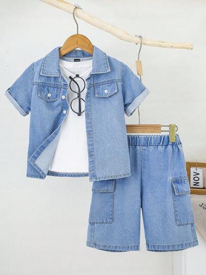 SHEIN 2 件套年轻男童休闲百搭蓝色牛仔领衬衫和裤子套装，适合上学、聚会、日常穿着、春秋季