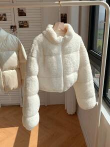 SHEIN 少女纯色米色休闲仿羊羔绒短款羽绒服，适合秋冬季节穿着，纯色米色抓绒短款加厚外套，适合返校、开幕式、日常穿着、上学、旅行、运动、圣诞节等场合，米色系，秋冬季 - 米色 - 查看 7