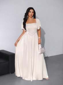 Lyrianda 大码女式春夏翻领、荷叶边袖、仿珍珠装饰、A 字腰 Charmeuse 长裙，优雅复古，适合聚会、节日、派对、婚礼