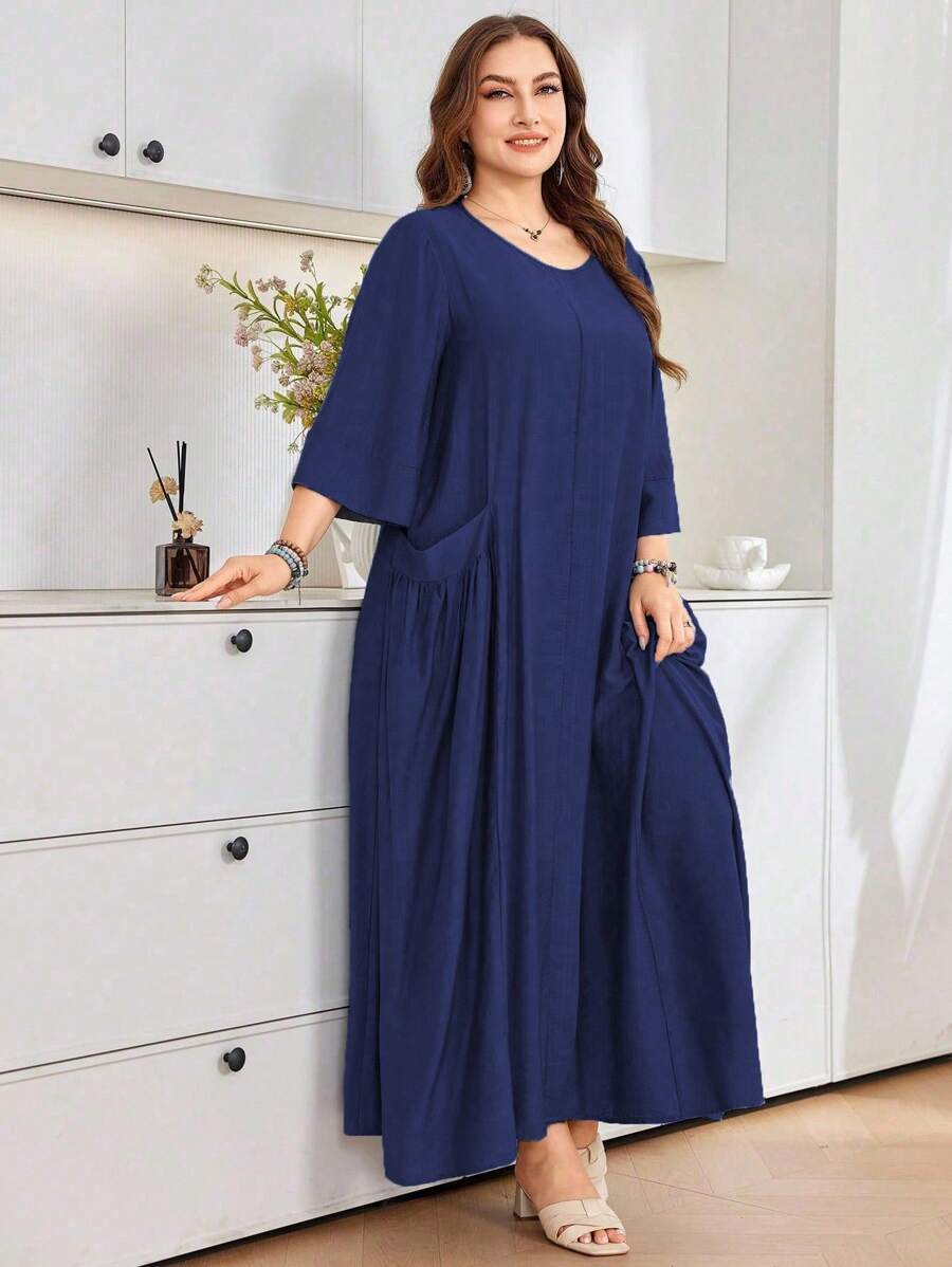 Al Najma Women's Loose Fit Round Neck 3/4 Sleeve Dress With Large Pockets, Comfortable Linen Look, Casual Daily Wear, Plus Size - Navy Blue - View 1