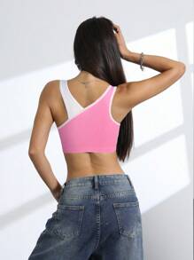 SHEIN Dewbera Débardeur de fitness court à couleurs contrastées pour femmes - Rose bonbon - Voir 2