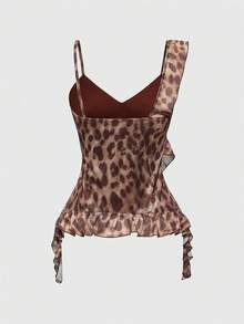 ROMWE J-Fashion 女士豹纹透明吊带背心性感V领露背不对称荷叶边下摆背心 - 彩色 - 查看 2