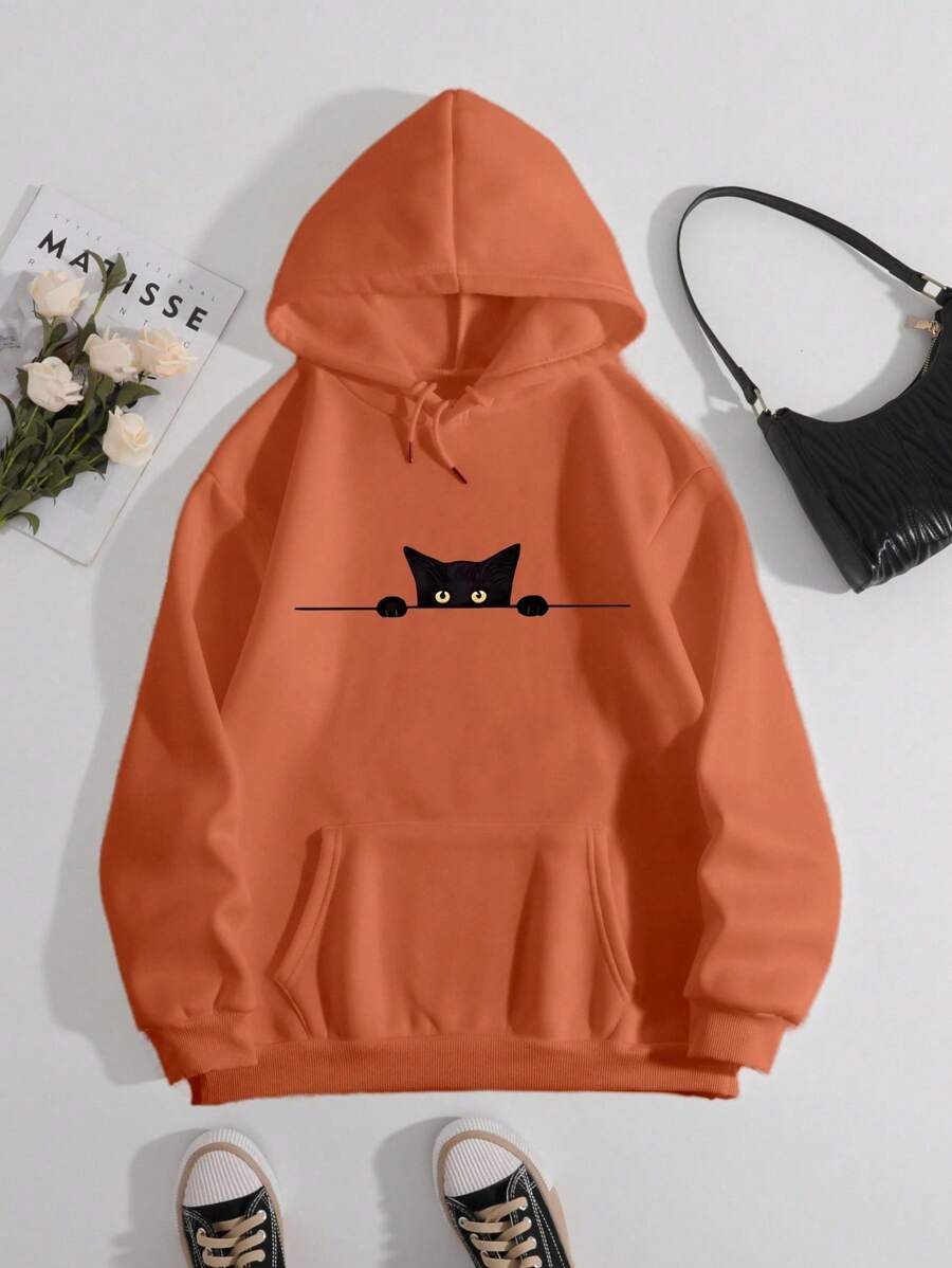 INAWLY Women's Casual Cat Print Long Sleeve Hooded Sweatshirt With Pocket, Everyday Wear Pullover Fall - Orange - View 1