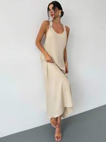 Firerie Váy dài không tay thoải mái, rộng rãi, giống vải lanh dành cho nữ, thích hợp mặc hàng ngày, đi biển, đi làm, đi nghỉ, theo phong cách Bohemian, Hawaii, Xuân/Hè - Màu be - Xem 9