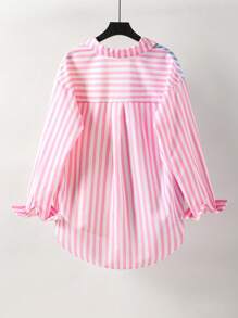 Teen GirlLoose Casual Striped Woven Long Sleeve Shirt With Pockets, Paired With Loose Wide-Leg Pants, Elegant Skinny Pants, Shorts, Or Mini Skirt Fall Winter