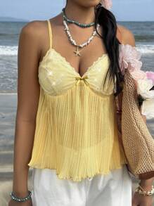 CovetEZ Women's Beach Seaside Sweet Clean Girl Cream Yellow Pure Sequins Sequins Splicing Lace Chiffon Pleated Cami Top, Fashionable And Comfortable Summer Babydoll Top, Going Out