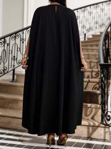 SHEIN Lady Vestido casual de unicolor con mangas de murciélago tejidas en contraste con malla, adecuado para outfits de crucero de verano para mujer, tallas grandes, apto para primavera, verano, otoño e invierno