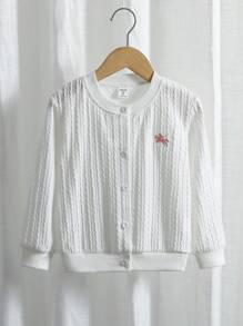 少女纹理针织开衫，带小图标刺绣，秋冬 - 白色 - 查看 1