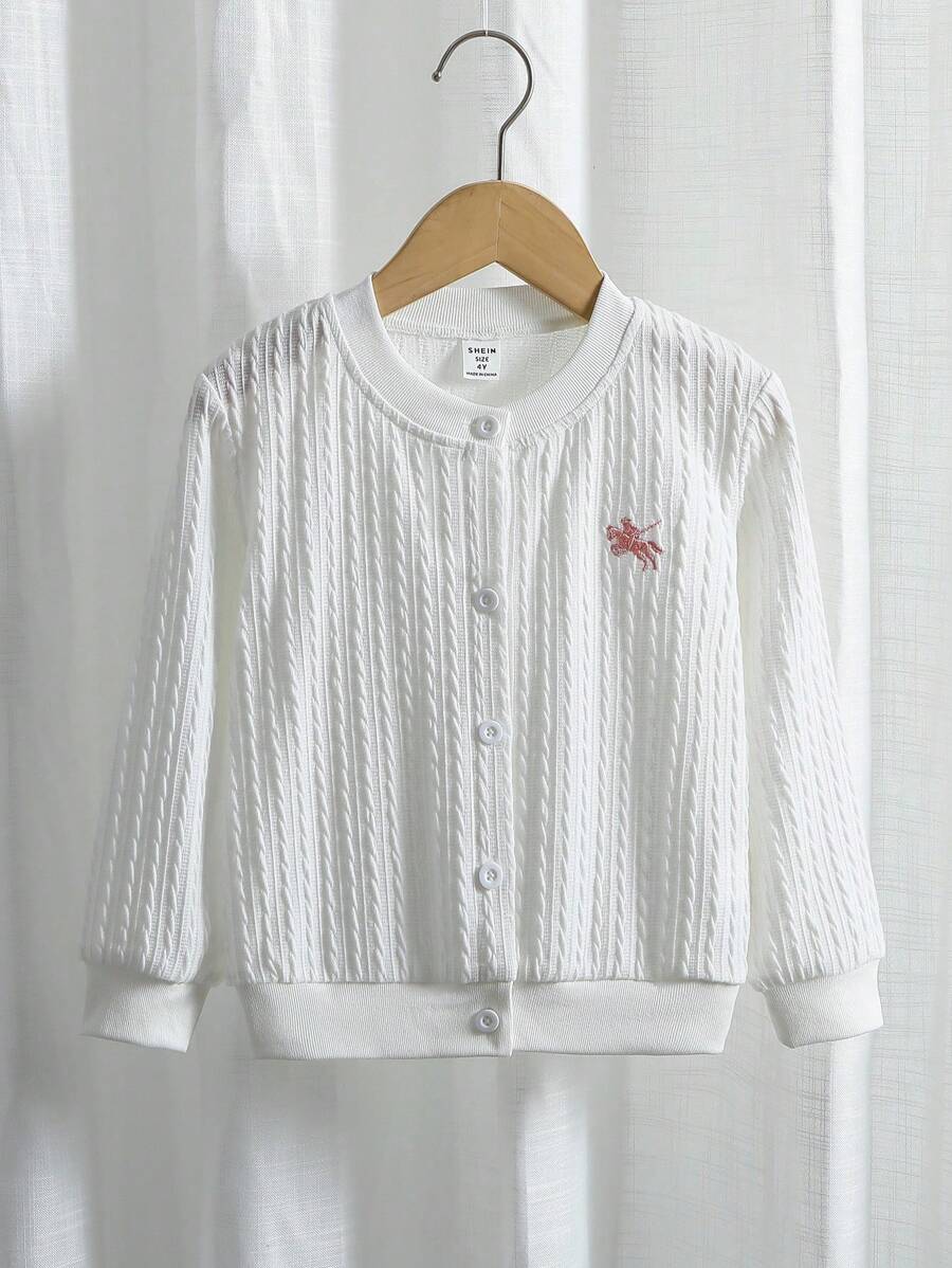 少女纹理针织开衫，带小图标刺绣，秋冬 - 白色 - 查看 1