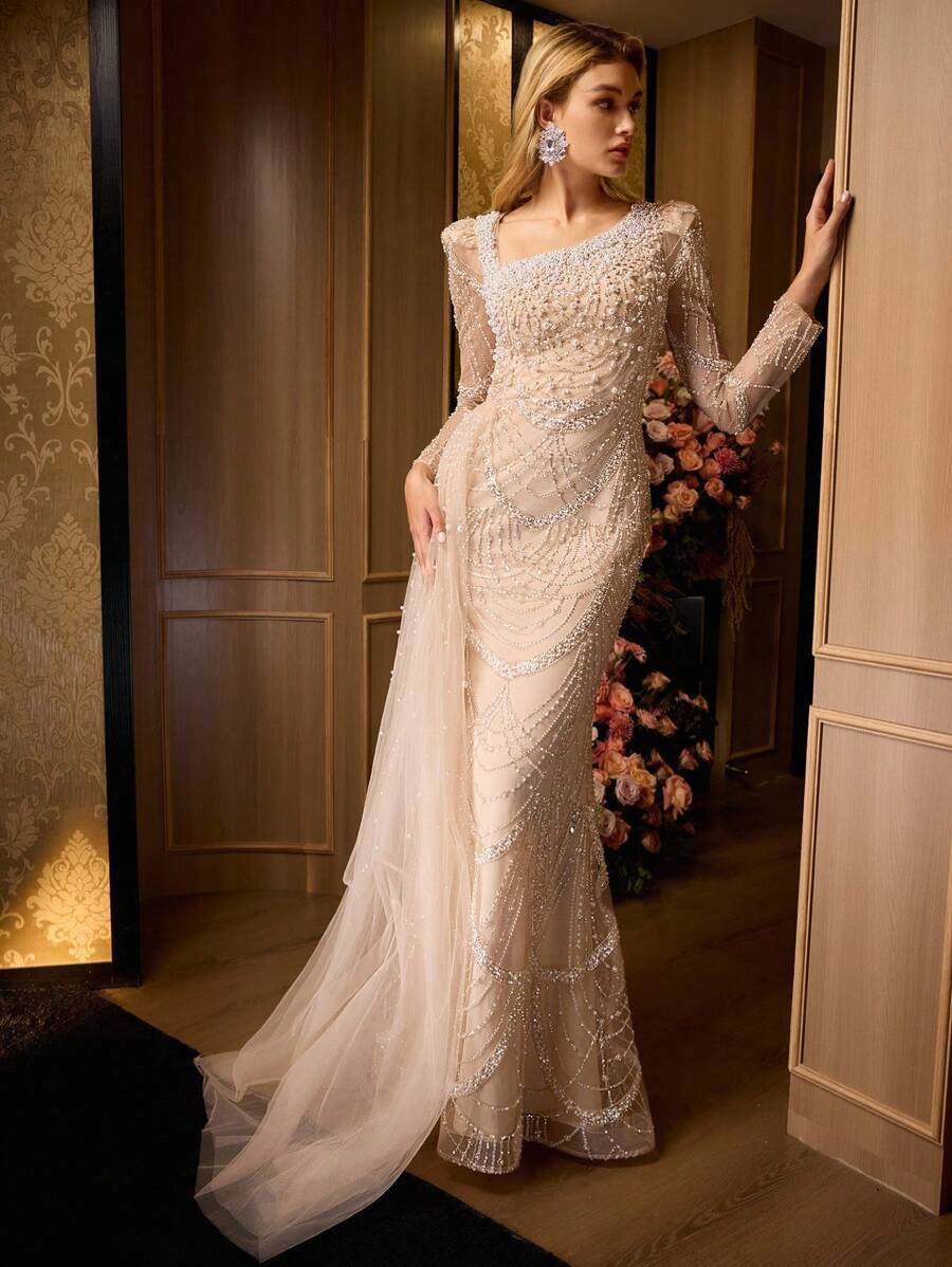 MOTF Soiréza Langes schräges asymmerrisches Perlmutt-Set mit abnehmbarer Ausschnitt, MAXI-Perfekt mit Mermaid-Sem und überlappendem Pearle-Design für Gala-Veranstaltungen und funkelnde Spitzen-Occessoires