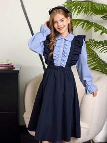 女孩浅蓝色长袖衬衫和海军蓝 A 字裙套装，休闲校服风格 - 彩色 - 查看 6