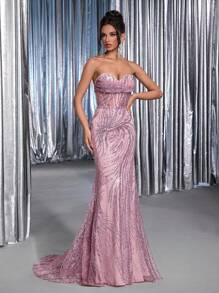 Glamrae 优雅的紫灰色露肩串珠网眼刺绣低胸领口腰部透明镂空美人鱼尾舞会礼服，适合约会、生日、单身派对、毕业典礼、成人仪式、婚礼、正式晚会 - 淺灰紫 - 查看 6