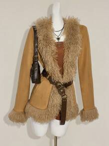 SHEIN ICON Y2k 秋季西部波西米亚风外出卡其色女式时尚复古人造毛皮拼布夹克女式棕色人造毛皮大衣女式棕色夹克女式秋季大衣女式棕色大衣女式秋季夹克 - 卡其色 - 查看 5