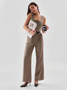 SHEIN LUNE Women's Cropped Tank Top With Dual Waist Belt Pants Set - Khaki - View 1