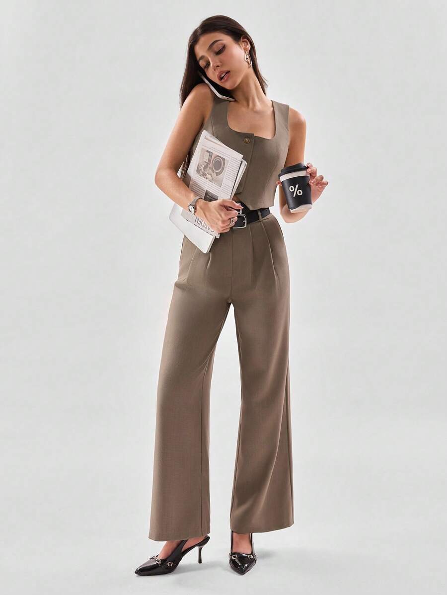 SHEIN LUNE Women's Cropped Tank Top With Dual Waist Belt Pants Set - Khaki - View 1
