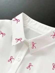 INAWLY 女士蝴蝶结印花单排扣休闲宽松长袖衬衫 - 白色 - 查看 5