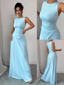 Elenzga Elegantes und schickes Sommer-Strick-Set in hellblau bestehend aus ärmelloser Rippbluse mit geraffter Taille und Bindegürtel sowie asymmetrischem A-Linien-Maxirock, figurbetontes 2-teiliges Set - Blau - Übersicht 7