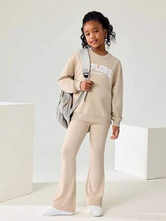 JNSQ Maillard Color Girls Outfit, Fitted Top And Flowy Pants, Elegant & Fashionable, Suitable For Petite, Suitable For Autumn/Winter Daily Wear, Outdoor Activities, Vacation, Streetwear, Party And Casual