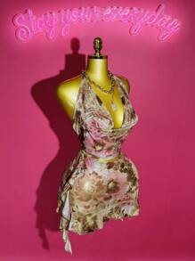 Slaydiva Spring And Summer Fashion Casual Sexy Sway Collar Sleeveless Cropped Vest Top + Asymmetrical Hem Ruffled Mini Skirt Ultra-Short Skirt Yoga Full Pink Upgraded Fruit Green Bottom Print Printed Ladies Two-P