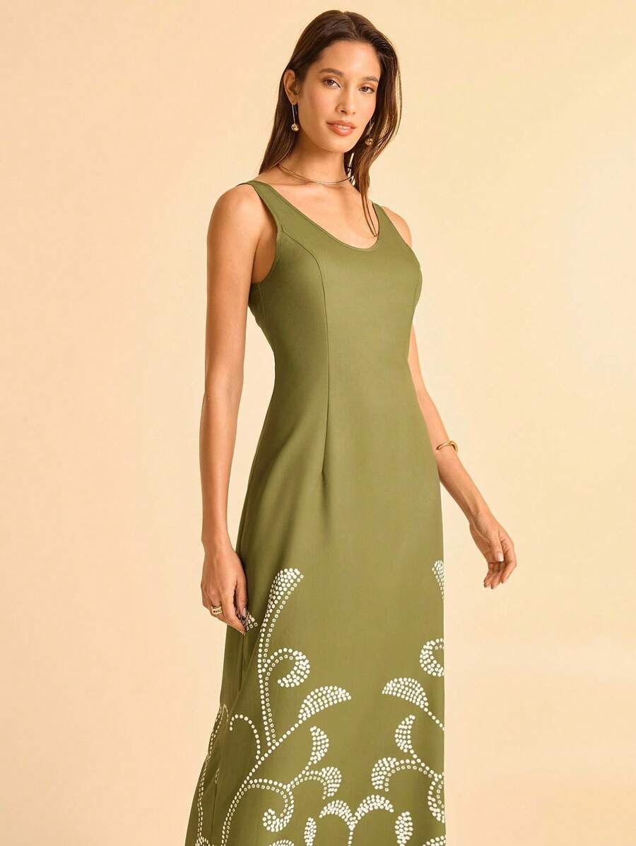 CAJUNI Váy không tay in hoa đính đá màu xanh lá cây dành cho nữ - màu xanh lá - Xem 1