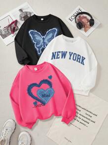 SHEIN Leap Crew 3pcs/Set Tween Girl Casual Minimalist Thermal Lined Loose Fit Round Neck Thick Hoodies, Suitable For Autumn & Winter - Multicolor - View 1