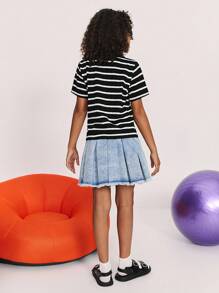 SHEIN Tween Girl Casual Minimalist Comfortable Contrast Color Striped Polo Shirt ,Back To School Season, Christmas - Black - View 4