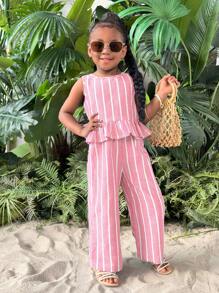 Bộ áo liền quần không tay hở vai họa tiết hoa nhỏ xinh xắn dành cho bé gái đi nghỉ mát - Hồng - Xem 2