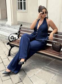 Jeanoix Plus Size Women Casual Sleeveless Tie Front Jacket - Dark Wash - View 8