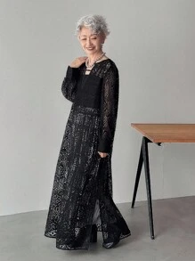 FRIFUL Women's Black See-Through Lace Fabric Long Sleeve Dress,Fall Dress