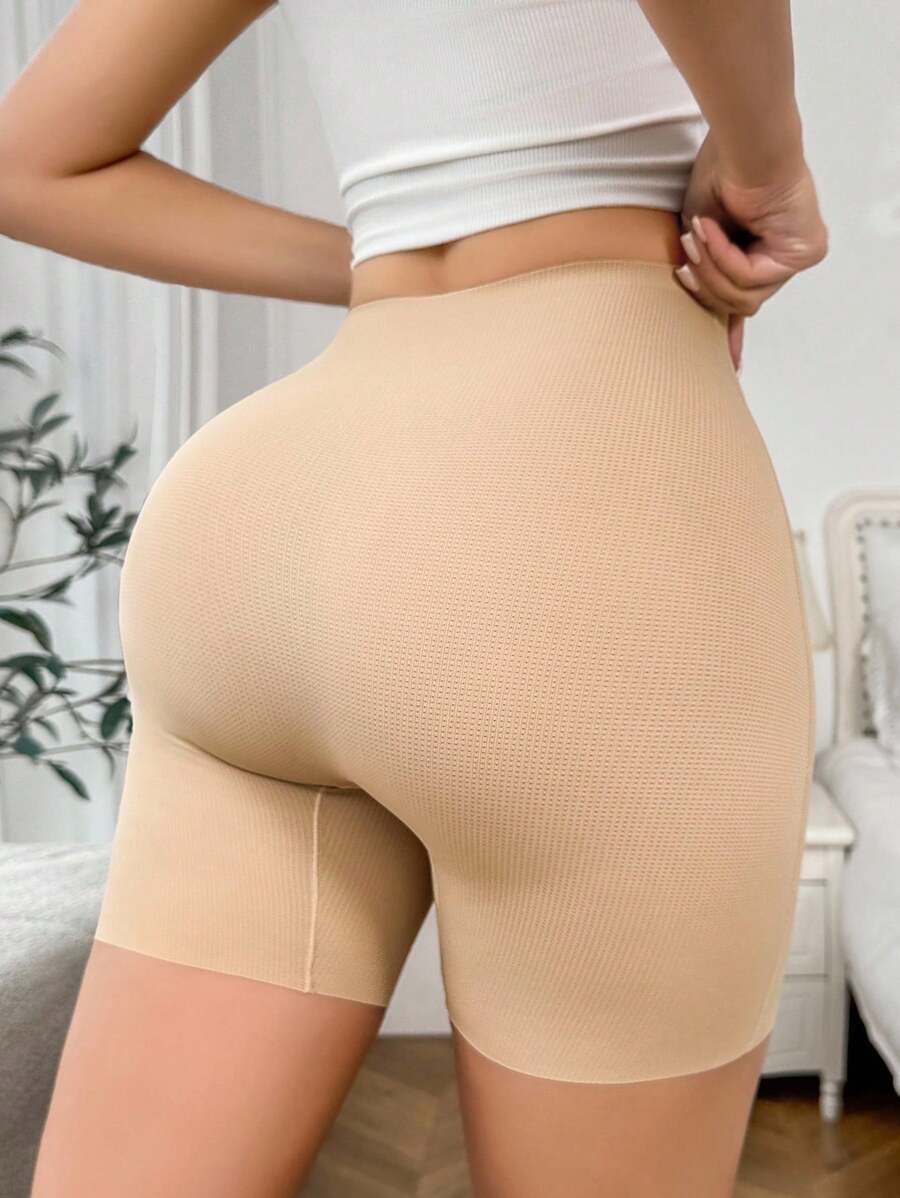 SHEIN 1 件女士简约高腰塑身短裤，舒适收腹安全短裤 - 杏色 - 查看 1