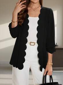 Editum 女士优雅黑色返校服秋季女装复古风格教师服扇贝边夹克，女士春/秋休闲扇贝常规袖常规版型黑色纯色女士外套，休闲日常穿着 - 黑色 - 查看 5