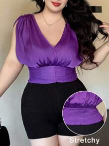 Flirla Áo cánh dơi cổ chữ V sâu cỡ lớn, thắt eo màu tím thanh lịch dành cho nữ, thích hợp cho kỳ nghỉ, hẹn hò và tiệc tùng - Màu tím - Xem 1