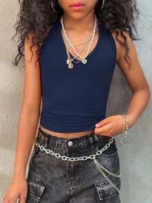 Coolane Kids Tween Girls Fall/Summer Streetwear V-Neck Solid Color Backless Vacation Tank Top For Girl, Can Be Worn As A Neck Hanging - Royal Blue - View 4