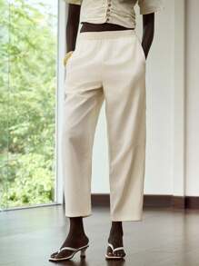 Lumivelle Pantalon ample et ample d'été pour femmes de couleur unie - Nude - Voir 7