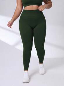 SHEIN Rhythm Era Quần thể thao tập yoga cạp cao màu trơn cỡ lớn cho nữ - Màu xanh lá cây đậm - Xem 2